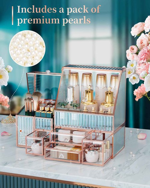 Youdepot Glass Makeup Organizer - Multi-Functional 3-in-1 Cosmetic Organizer for Skincare, Lipstick, Brushes - Vanity Organizer & Bathroom Organizer