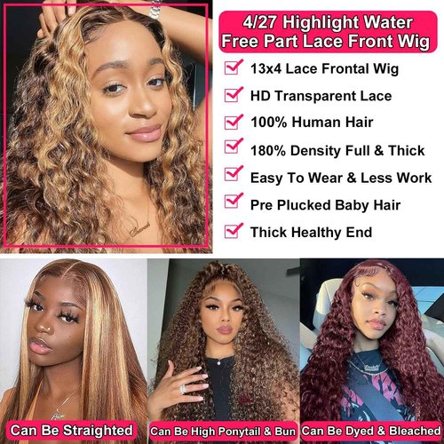 ALSZIQIHR Highlight Ombre 13x4 Lace Front Wig Human Hair Pre Plucked HD Transparent 4/27 Honey Blonde lace frontal Wigs with Baby Hair 180% Density Colored Water Wave Lace Front wig for Women 20 inch