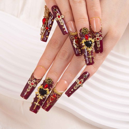 LOVFUL Press on Nails Gothic Romance| Handmade with Full Covered Crystals| Reusable Fake Nails| Square Mid length 1.7in| H333-S