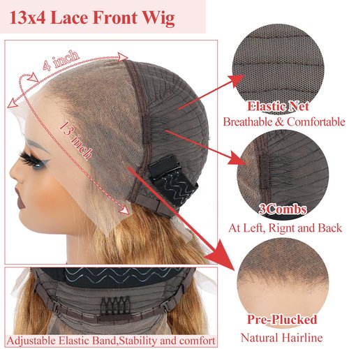 Honey Blonde Wig Human Hair Body Wave P4/27 Highlight Ombre Lace Front Wig Human hair 13X4 Lace Front Wigs Human Hair 180% Density HD Transparent Pre Plucked Body Wave Lace Front Wigs 20 Inch