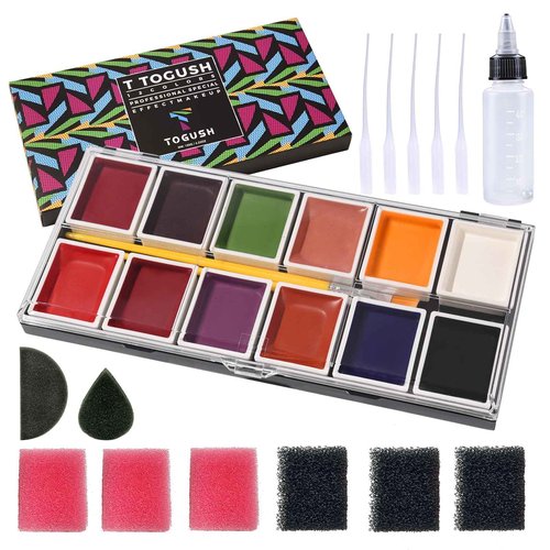 T TOGUSH 12 Colors Alcohol Activated Makeup Palette Set with Mimic Wound Sponge Egg for SFX Halloween Makeup