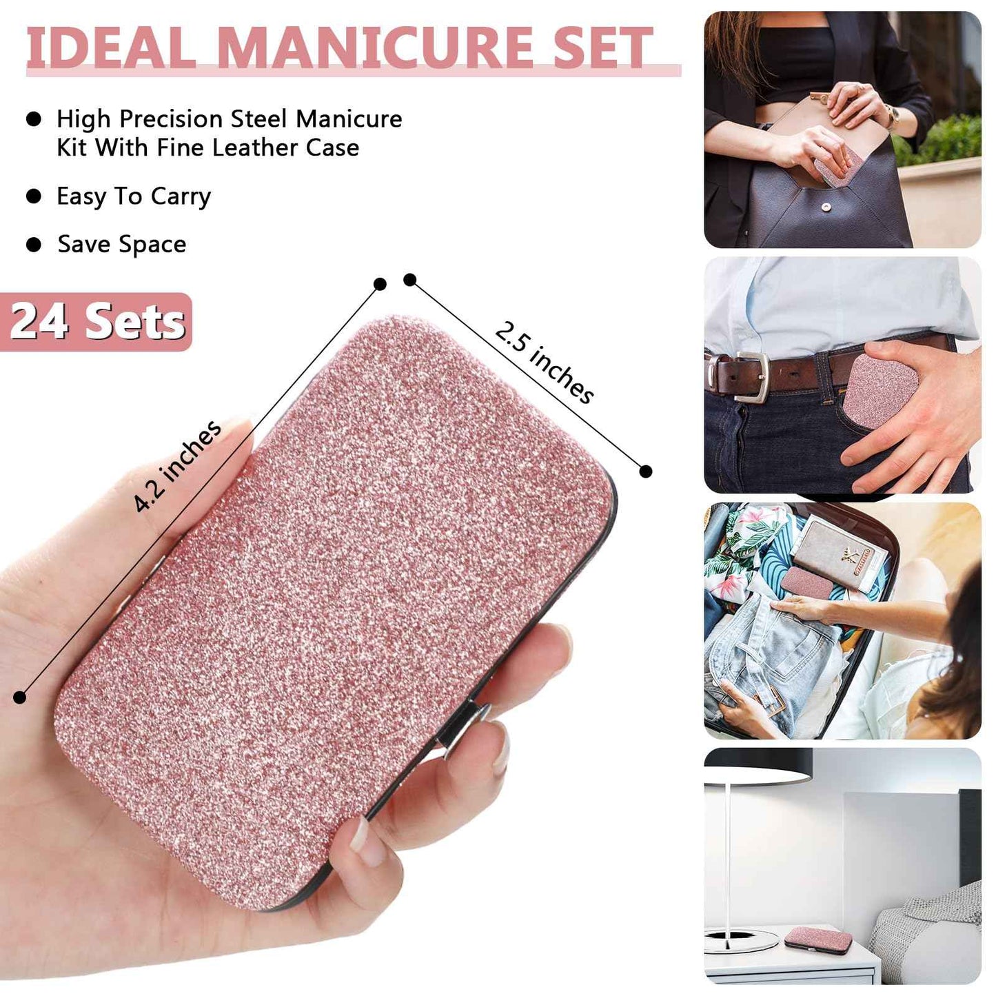 Lasnten 24 Set Christmas Manicure Set Bulk Nail Clippers Grooming Nail Kit Stainless Steel Professional Pedicure Kit Pedicure Tools with Travel Case Gifts for Xmas Men Women(8 in 1,Shiny Pink)