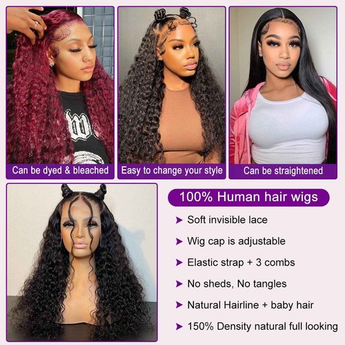 Bling Hair 28 Inch Deep Wave Frontal Wig Human Hair Pre Plucked Glueless Human Hair Wigs for Women 13x4 HD Lace Front Wigs Human Hair Deep Wave Wig 180% Density Natural Hairline Closure Wigs Black Wig
