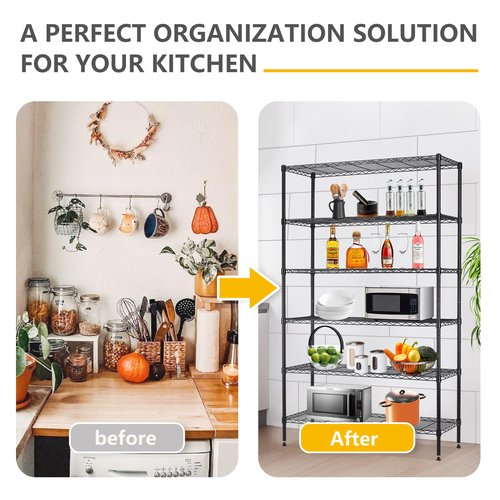 BestOffice | 6-Tier Wire Storage Shelves | 42x16x72 | Black | with Adjustable Racks | Heavy-Duty Metal Shelf, Holds Upto 1500 lbs | No-Tool Assembly | Ideal for Home & Garage Shelving
