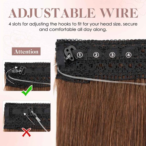 S-noilite Halo Hair Extension Invisible Wire in Real Remy Human Hair Extensions with Clips Adjustable Hidden Wire in Hair Extension for Women 20 inch Medium Brown