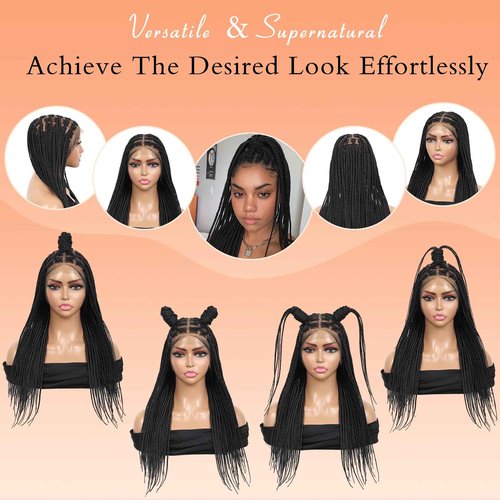Brinbea 13x8'' HD Lace Front Knotless Braided Wigs for Women Short Box Braid Wig with Baby Hair Premium Synthetic Braided Lace Front Wigs Black 22 inch