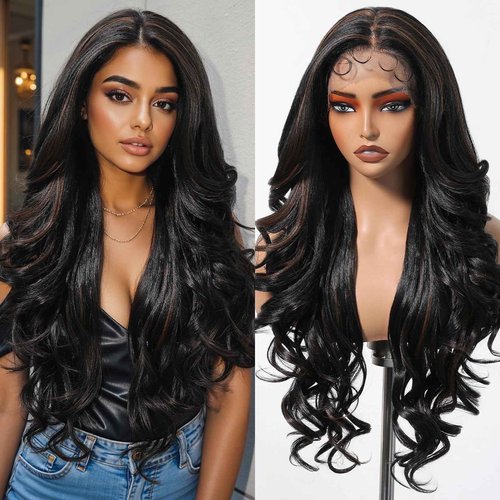 Allbell 13x6 Lace Front Wigs Brown Highlight Black Wig 26Inch Long Body Wave Brunette Synthetic Lace Wig for Women,Wig with Pre Plucked Natrural Hairline and Baby Hair for Daily Party Use