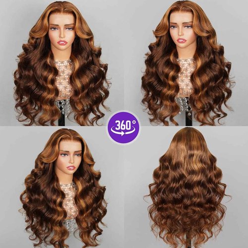Peenoll Human Hair Wig Highlight P4/30 Lace Frontal Body Wave Pre Plucked Pre Cut Closure Glueless Wigs With Elastic Band 200% Density