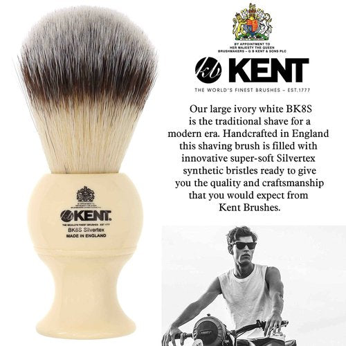 Kent BK8S Shaving Brush with Ultra-Soft Silvertext Synthetic Bristles and Faux Ivory Resin Handle with VSB6 1.5" Water Resistant Mock Ivory Shaving Brush Stand