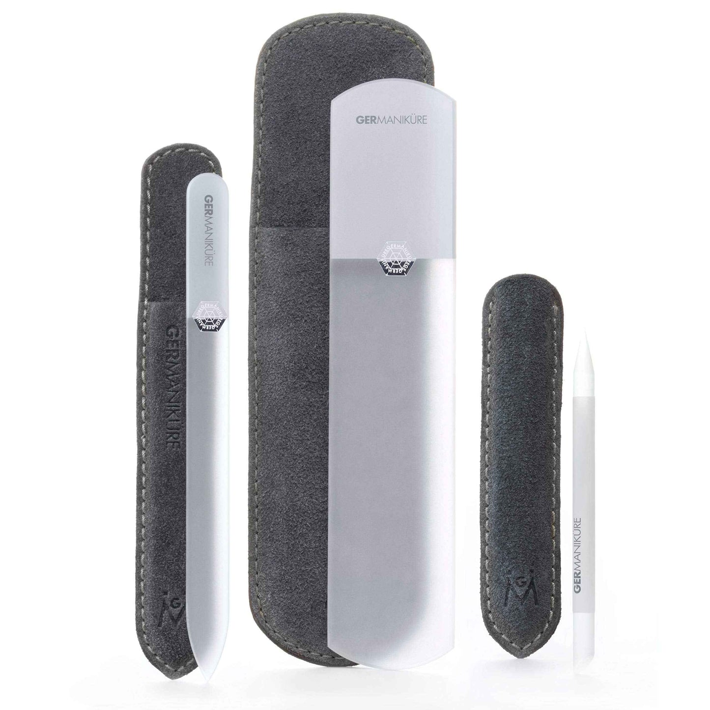 GERMANIKURE Glass Nail File Set in Fitted Cases- Ethically Made in Czech Republic - Professional Permanently Etched Fingernail File, Small Travel File, Cuticle Remover Stick