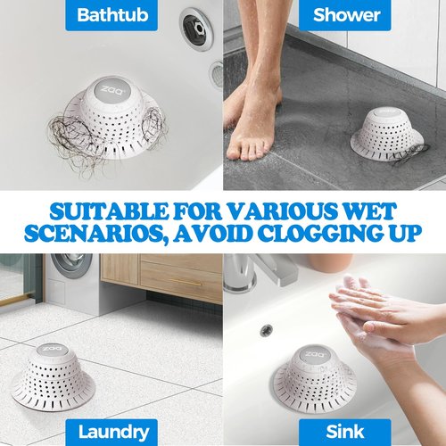 zaa Bathtub Drain Hair Catcher, Silicone Collapsible 2 Pack Drain Protector for Pop-Up and Regular Drains of Shower, Bathtub, Tub, Bathroom, Sink, White
