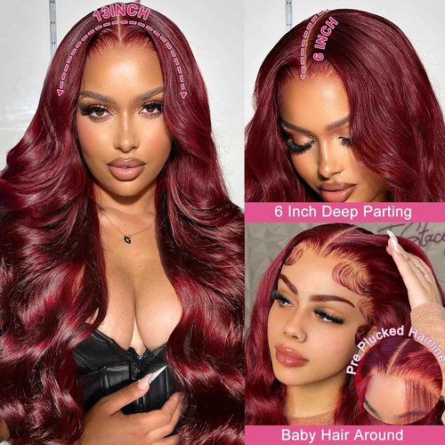 Lukymart 99j Burgundy Body Wave Lace Front Wigs Human Hair 13x6 HD Transparent Lace 180% Density Wine Red Colored 22 Inch