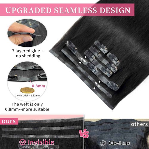 FBLhair 22 inch Seamless Clip in Hair Extensions Real Human Hair 110g 7pcs Human Hair Extensions Clip ins for Black Women 1B Natural Black Straight