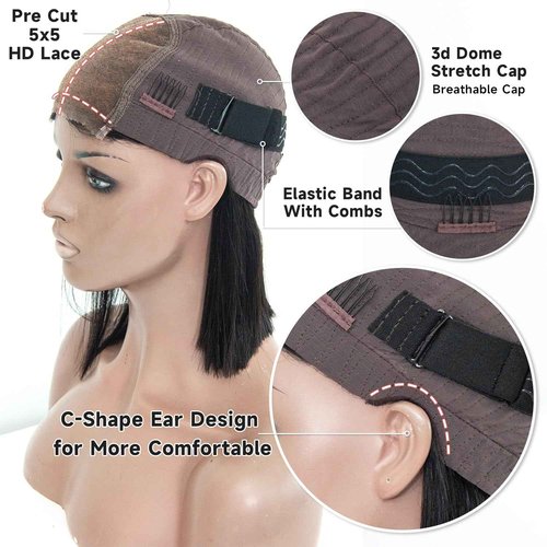 Topnormantic Wear and Go Glueless Wigs Human Hair Pre Plucked Pre Cut, Blunt Cut Bob Wigs Human Hair Bleached Knots 210% Density 12A Brazilian Virgin Hair 5x5 HD Lace Closure Wigs Black Women 10 Inch