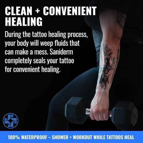 Saniderm Original Tattoo Aftercare Bandage (25 Sheets, 6 in x 8 in) – Convenient, Faster Tattoo Healing and Protection – Sterile, Waterproof, and Latex-Free Tattoo Aftercare Wrap – Gloss Finish