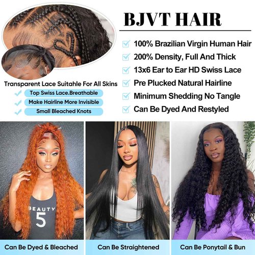 BJVT 13x6 Deep Wave Lace Front Wigs Human Hair Wigs for Women 200 Density HD Transparent Deep Curly Lace Frontal Wigs Human Hair Pre Plucked with Baby Hair Natural Color 30 Inch