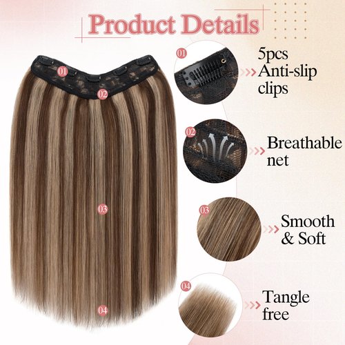SEGO Pro One Pieces Clip in Hair Extensions Human Hair Upgraded V-Shaped 5 Clips in Hair Extensions Human Hair Long One Piece Hairpiece for Women,16 Inch,#4P27 Medium Brown mixed Dark Blonde,65g