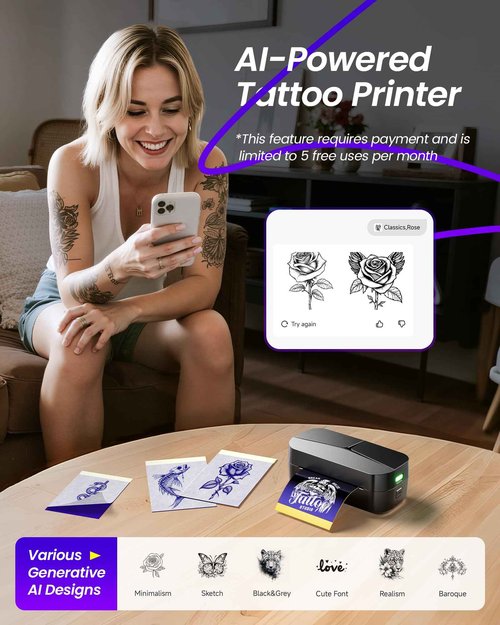 TATTMUSE 2025 New Series TP32 Tattoo Stencil Printer, Mini Tattoo Printer with 30 Pcs Transfer Paper, Stencil Printers for Tattooing, Tattoo Machine for Artists & Beginners