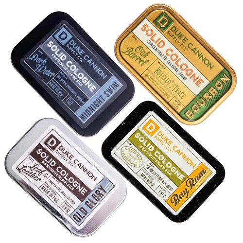 Duke Cannon Solid Cologne Quartet - Bourbon, Bay Rum, Midnight Swim & Old Glory, Portable Concentrated Cologne Balms, Travel-Friendly, 1.5 oz. 4-Pack