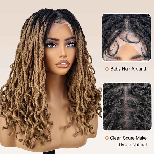 YOKABOOM Ombre Honey Blonde Braided Wigs Full Lace with Baby Hair Box Braids Wig for Black Women with Babyhair 360 Double Lace Natural Wavy Pre Braided with Square Design Black Root 16 inch