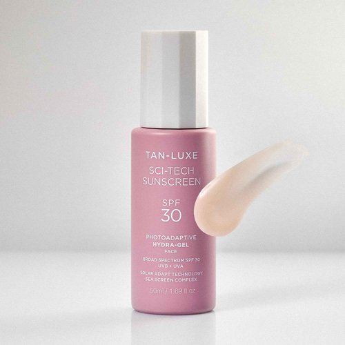 Tan-Luxe Sci-Tech Sunscreen SPF 50, Lightweight Photoadaptive Hydra-Gel Face Sunscreen, Clear, Non-Greasy, Broad Spectrum UVB & UVA Protection, Vegan & Fast-Drying, 1.69 fl. oz/50 ml Bottle