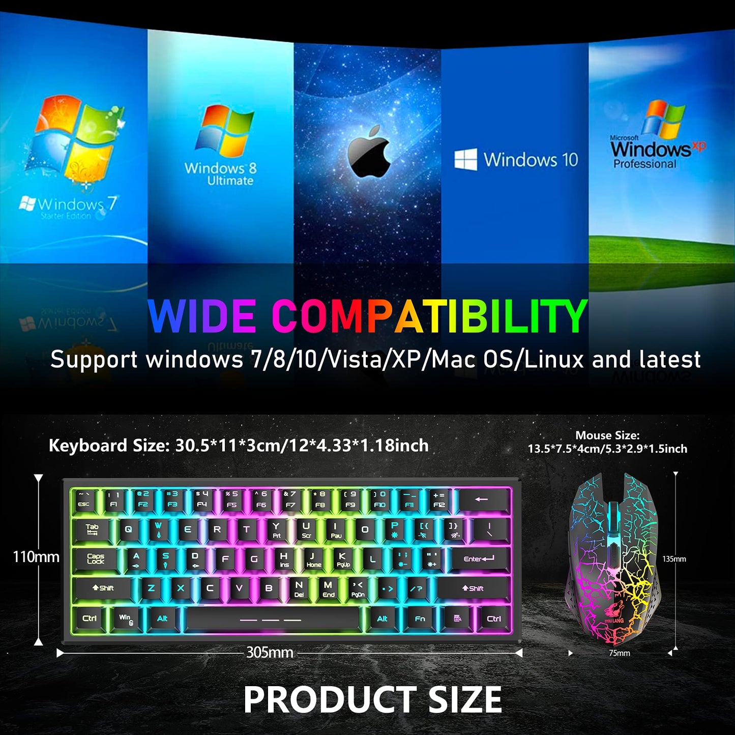 ZIYOU LANG T61 Wireless Gaming Keyboard and Mouse Combo with Ergonomic 61 Key Rainbow LED Backlight Anti-ghosting Mechanical Feel Rechargeable 4000mAh Battery Mouse Pad for PC MAC Gamer Typists(Black)