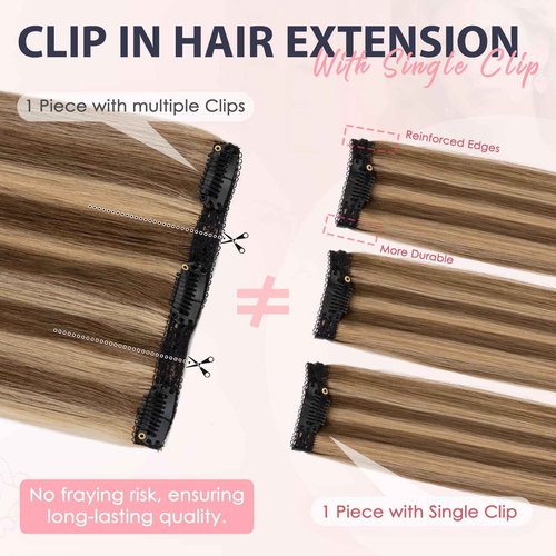 TESS Clip in Hair Extensions Human Hair with Single Clip Lace Weft Straight Highlight Add Volume 6 Pcs 6 Clips, 22 Inch, Chocolate Brown Mixed Light Brown