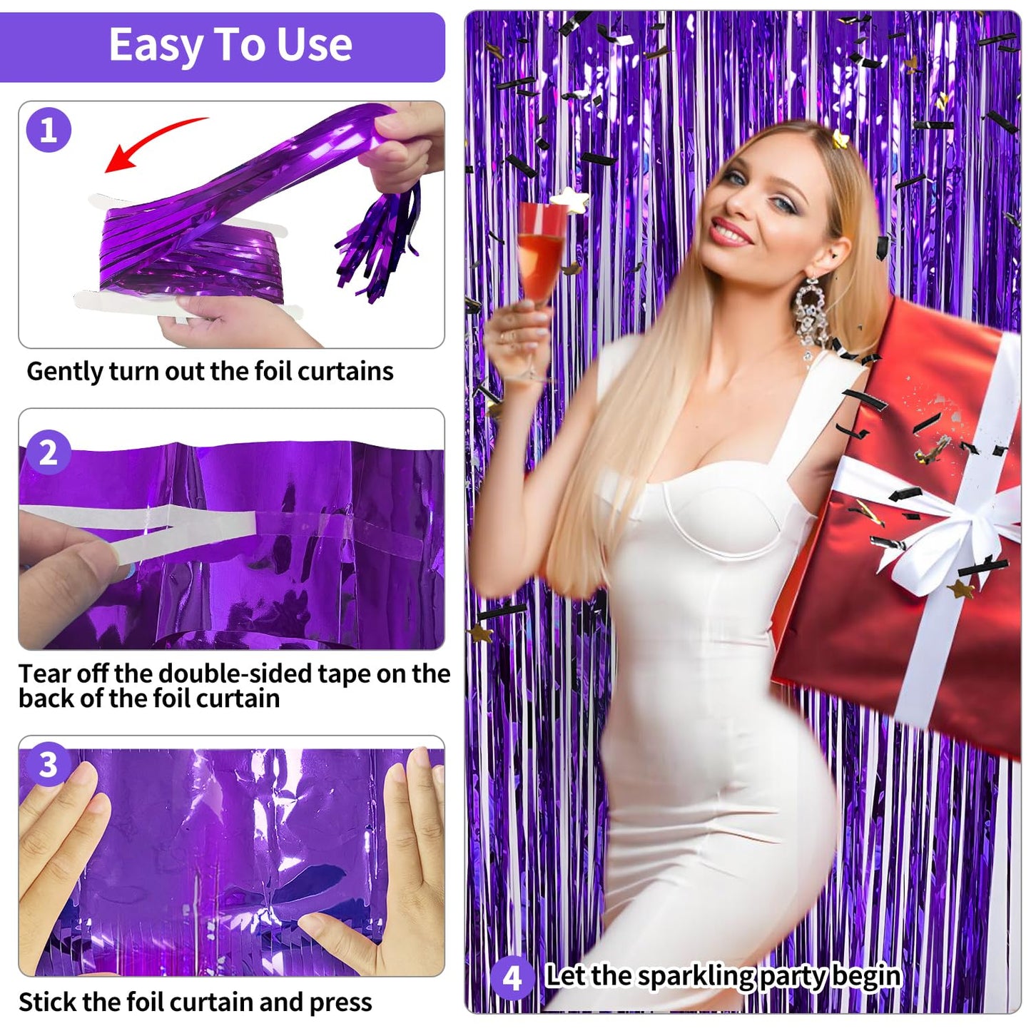 2 Pack Purple Tinsel Backdrop Party Decorations 3.3x8.2ft, Foil Fringe Curtains Door Streamers for Birthday Balloons Decor, Purple Backdrop for Wedding Baby Shower Graduation Christmas Halloween