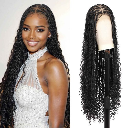Kalyss Knotless Braided Wigs for Women 13x8 HD Lace Front Braided Wig with Baby Hair Boho Box Braid Wigs Black Premium Synthetic Braid Wig 36 Inch