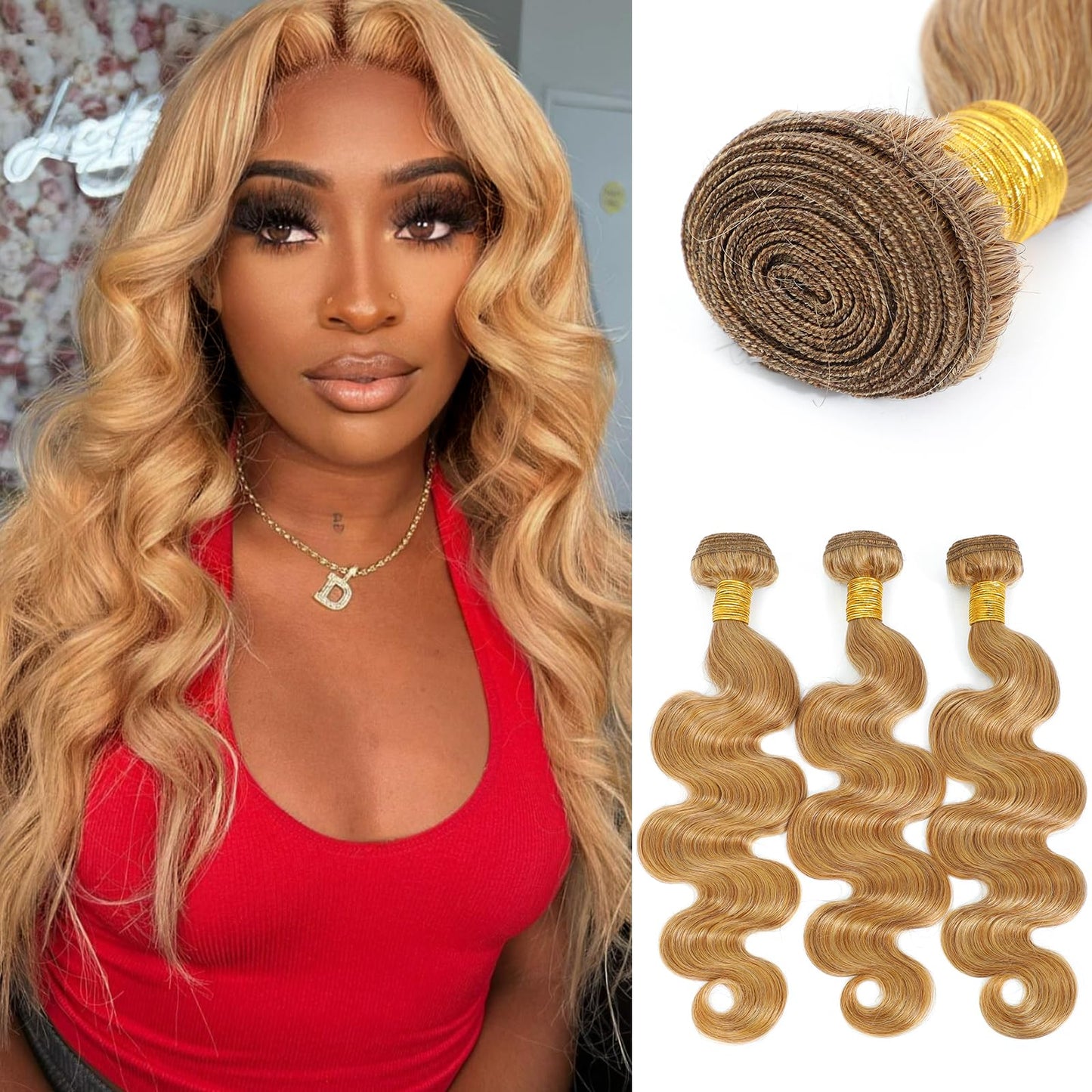 Honey Blonde Bundles Human Hair 10 12 14 Inch, Color 27 Golden Ash Blonde Body Wave Bundles Sew In Weave Tracks, Loose Wavy 100% Unprocessed Brazilian Raw Virgin Hair, Double Weft 3 Bundles Color #27