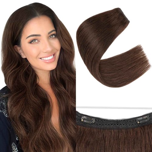SEGO Invisible Wire Hair Extensions, Real Human Halo Hair Adjustable Wire Extensions, 2 Clips for Women Transparent Fish Line Extensions, Add Length, 18 inches, Dark Brown, 65g