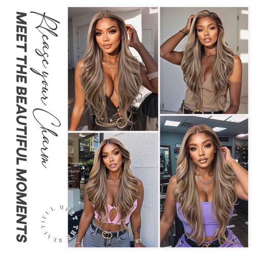 Allbell 13x6 HD Lace Wigs Honey Blonde Synthetic Lace Front Wig Preplucked Hairline with Baby Hair 28inch Long Body Wave Lace Wigs for Women(Brown with Blonde Highlights)
