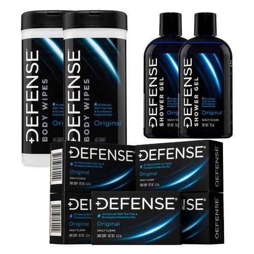 Defense Soap 2 Pack Body Wipes 40 Count, 2 Pack Body Wash 12 oz, 5 Pack Defense Bar Soap with natural Tea Tree and Eucalyptus Oil.