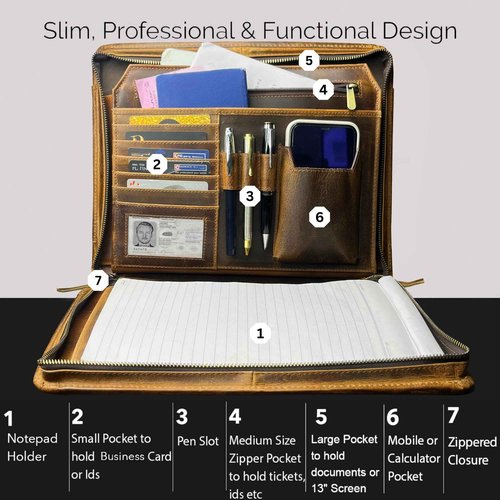 RUSTIC TOWN Leather Portfolio for Men - Full Grain Leather Padfolio Folder - Zipper Folio Documents Organizer - Professional Business Executive Gift for Men Women