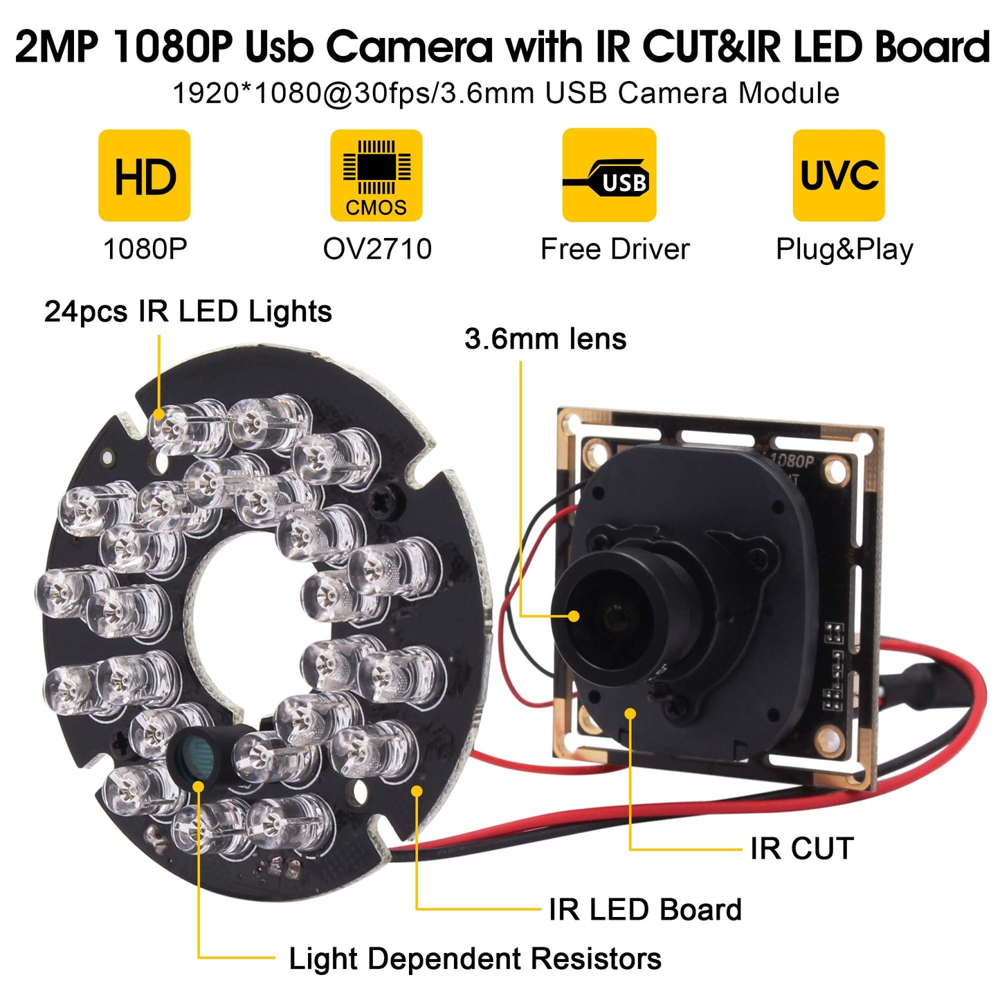 1080P Day Night Vision USB Camera Module IR Infrared Webcam Board 3.6mm Lens Wide Angle PC Camera Mini UVC USB2.0 Lightburn Camera High Speed 100fps Industrial Video USB with Camera for Computer