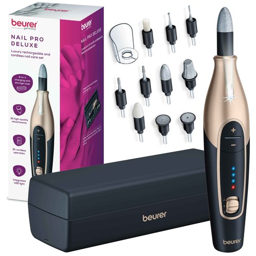 Beurer MP84BLK Nail Pro Deluxe - 14-Piece Professional Manicure & Pedicure Nail Drill Kit, Cordless, Rechargeable Electric Nail File with Attachments, LED Light, USB-c Charging & Storage Case