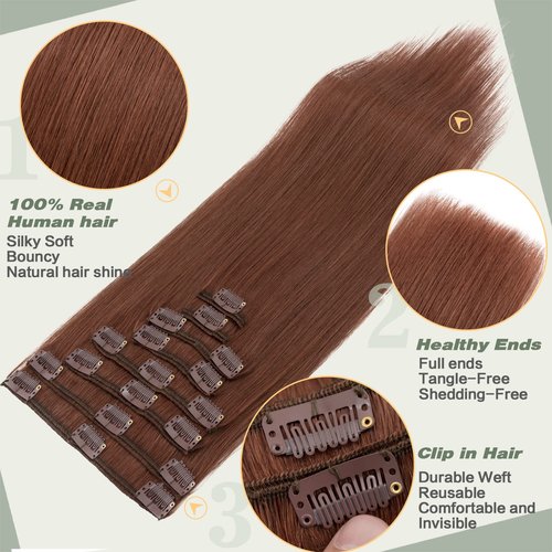 S-noilite Clip in Human Hair Extensions Auburn Hair Clip in Hair Extensions Standard Weft 100% Real Human Hair Full Head 8 Pieces 18 Clips Silky Soft 16 Inch-90g (#Dark Auburn (#33))