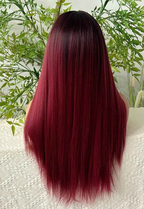 Emistar Ombre Burgundy Layered Straight Synthetic Lace Front Wig for Black Women 13x6 Lace Front Wigs Soft & Natural as Human Hair Pre Plucked with Baby Hair Long Straight Synthetic Wig 22 Inch