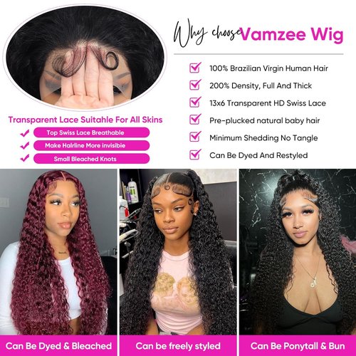 Vamzee Water Wave Lace Front Wigs Human Hair 200 Density 13x6 HD Transparent Wet and Wavy Wigs for Women Curly Lace Front Wigs Pre Plucked with Baby Hair Natural Color 16Inch