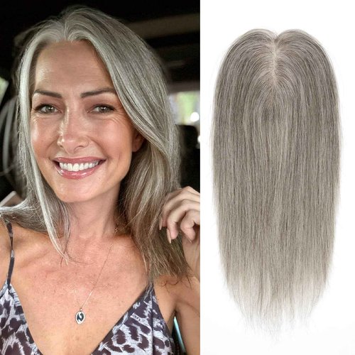 YWGYWG Hair Toppers for Women Real Human Hair, Light Grey 14 Inch 360° Cover Middle Part Topper for Women with Thinning Hair Realistic Scalp Line 4x4.8 Inch Upgrade Basement HairPieces
