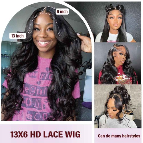 soeyrkke 13x6 Body Wave Human Hair Lace Front Wigs 24inch 180% Density HD Lace Frontal Wigs Human Hair Pre Plucked Body Wave Lace Front Wigs for Women with Baby Hair Black Color