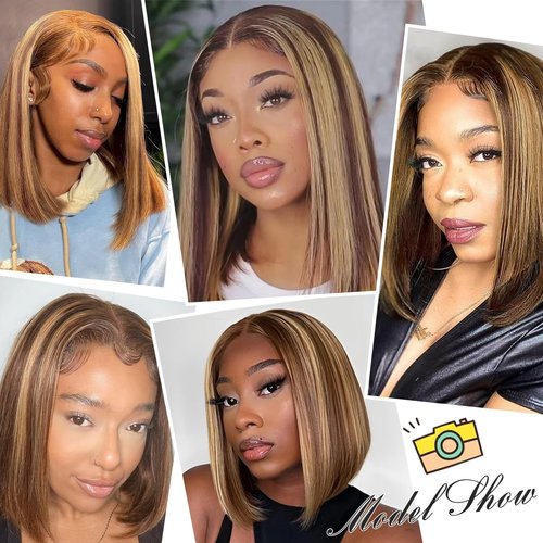 Thogriy 4/27 Honey Blonde 13x4 Bob Wig Human Hair 180% Density HD Transparent Lace Front Wigs Human Hair Short Bob Pre Plucked Straight Wigs Human Hair for Women 16 Inch