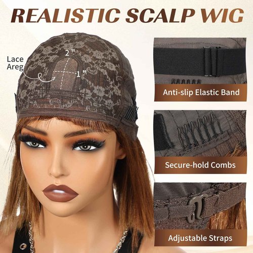 ELLORS 12 Inch Highlight Bob Wig Human Hair With Bangs Glueless 2x1 HD Lace Wigs, Short Wigs For Women Yaki Straight