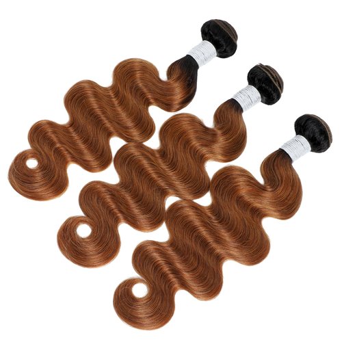 ALHER T1B/30 Human Hair Bundles Body Wave, 12A Ombre Brown Colored 3 Bundles Dark Root Two-tone, 100% Brazilian Virgin Remy Human Hair for Black Women Soft Thick Wavy 12 14 16 Inch
