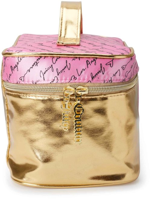 Juicy Couture Gold Pink Makeup Bag Cosmetics Organizer Travel Essentials Train Case Shiny Heart
