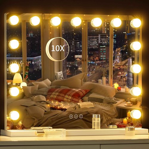 NUSVAN Vanity Mirror with Lights Lighted Makeup Mirror with 15 Dimmable LED Bulbs,3 Color Lighting Modes,USB Charging Port Touch Control,Sturdy Metal Frame Design 24x18 Inch,White