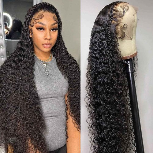 QKOQKO 13x6 Water Wave Lace Front Wigs Human Hair Wigs 10A 250 Density HD Transparent Wet and Wavy Lace Front Wigs Glueless Deep Curly Lace Frontal Wigs Human Hair Pre Plucked for Women（12 Inch）