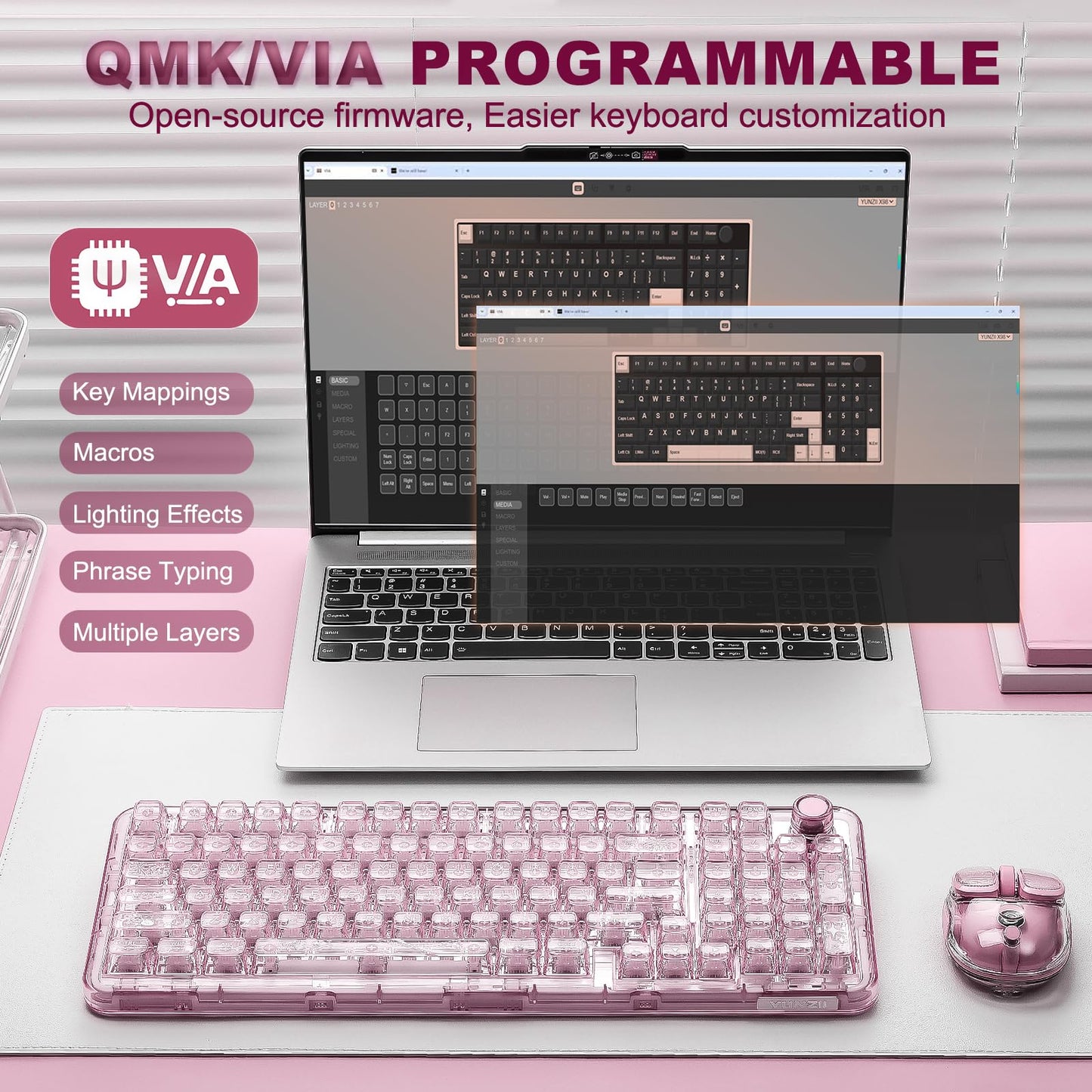 YUNZII X98 QMK/VIA Wireless Mechanical Gaming Keyboard with Knob,Tri-Mode BT5.0/USB-C/2.4GHz Hot Swappable Keyboard,Pre-lubed Switches Gasket Mount RGB Backlit for Wins/Mac (Pink, Snow Switch)