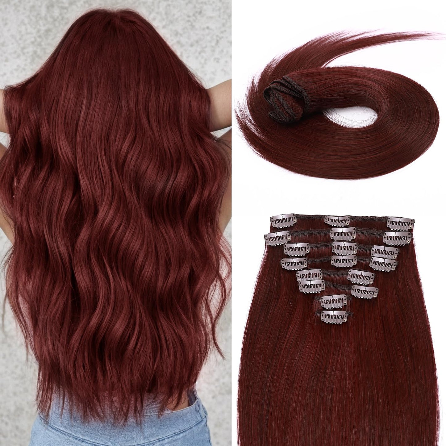 MY-LADY Clip In Hair Extensions Real Human Hair 20 Inch 8pcs Remy Real Hair Extension Clip ins #99J Burgundy Wine Red 105g Silky Straight Full Head Soft Natural Extension