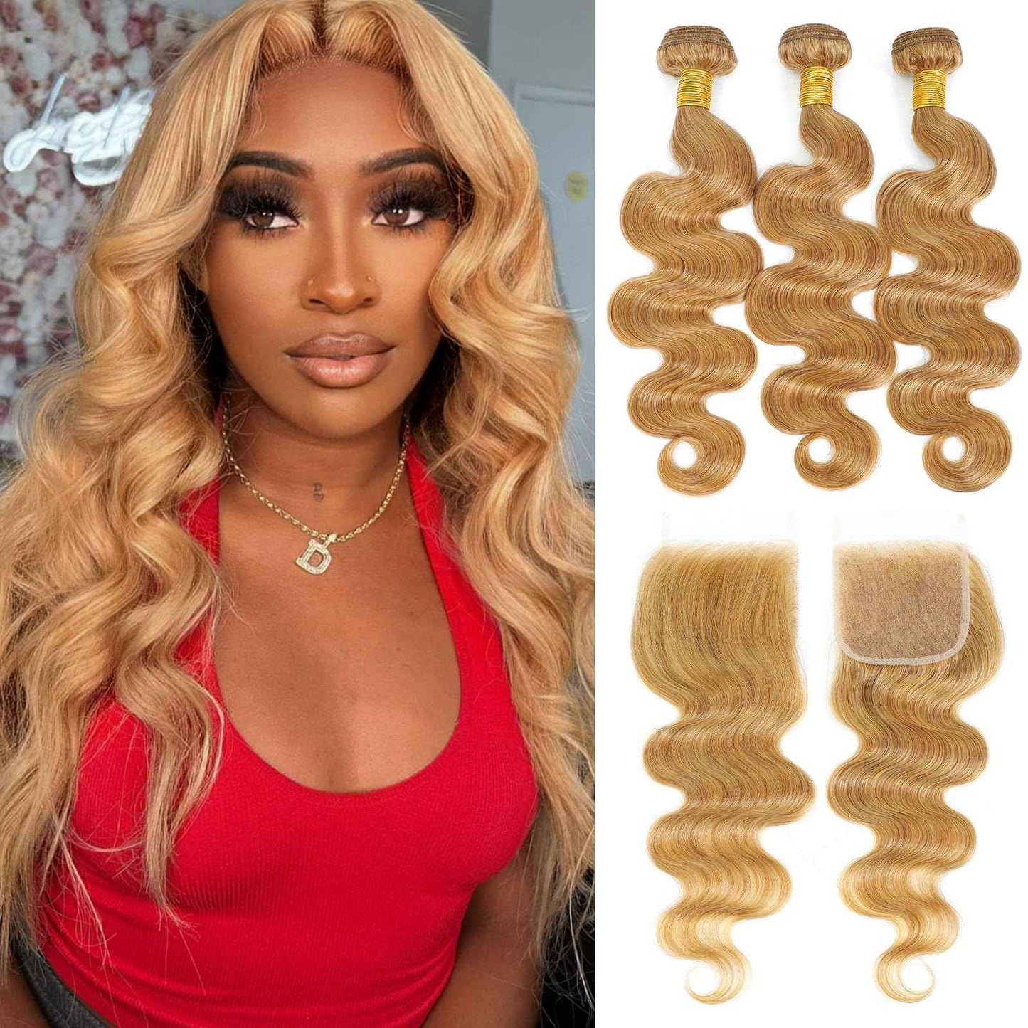 Honey Blonde Bundles with Closure Human Hair Body Wave 10 12 14+10 Inch, Color 27 Golden Ash Blonde 3 Bundles with 4x4 HD Closure 12A 100% Raw Brazilian Virgin Hair Sew In Weave with 4x4 Closure #27